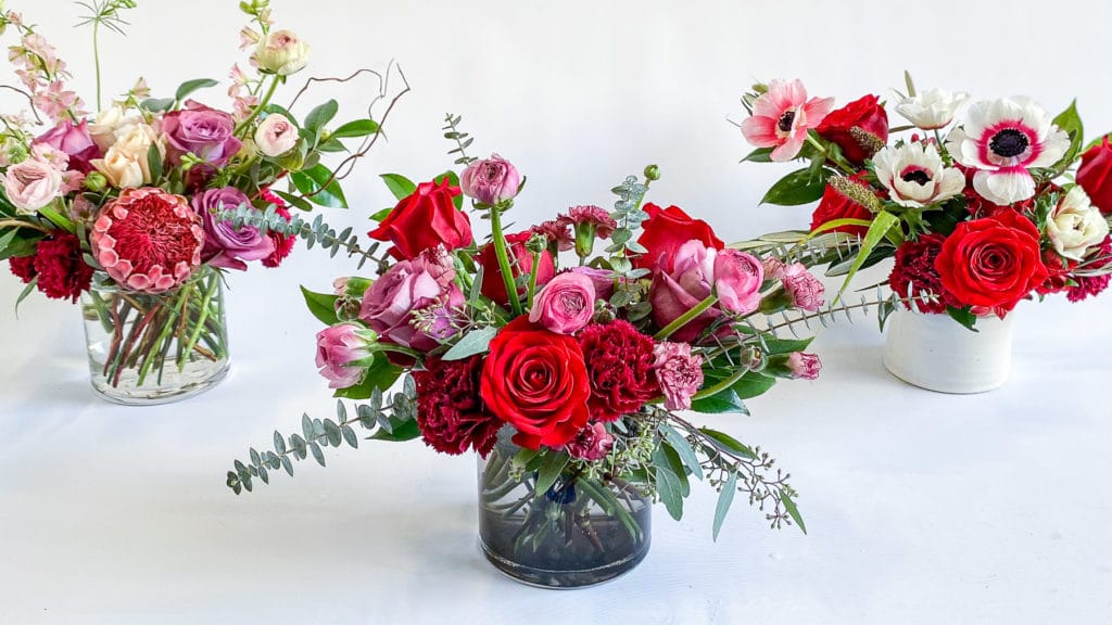 Three Valentine's flower arrangements