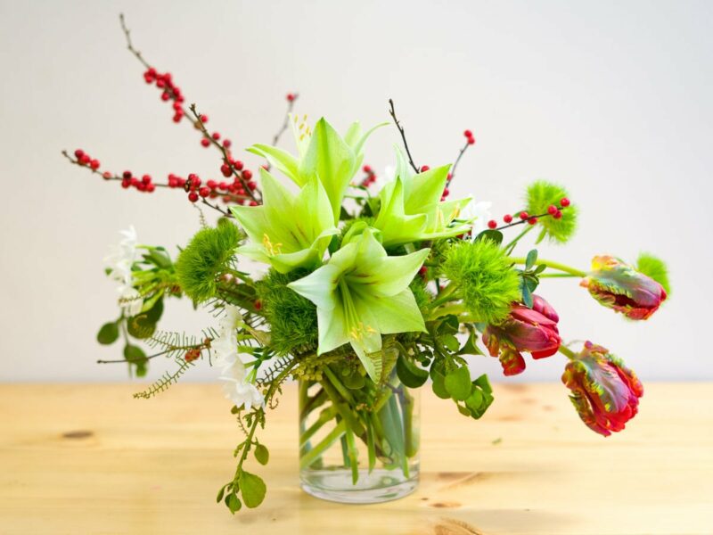 "The Grinch" flower arrangement featuring amaryllis, parrot tulips, and red ilex berry.